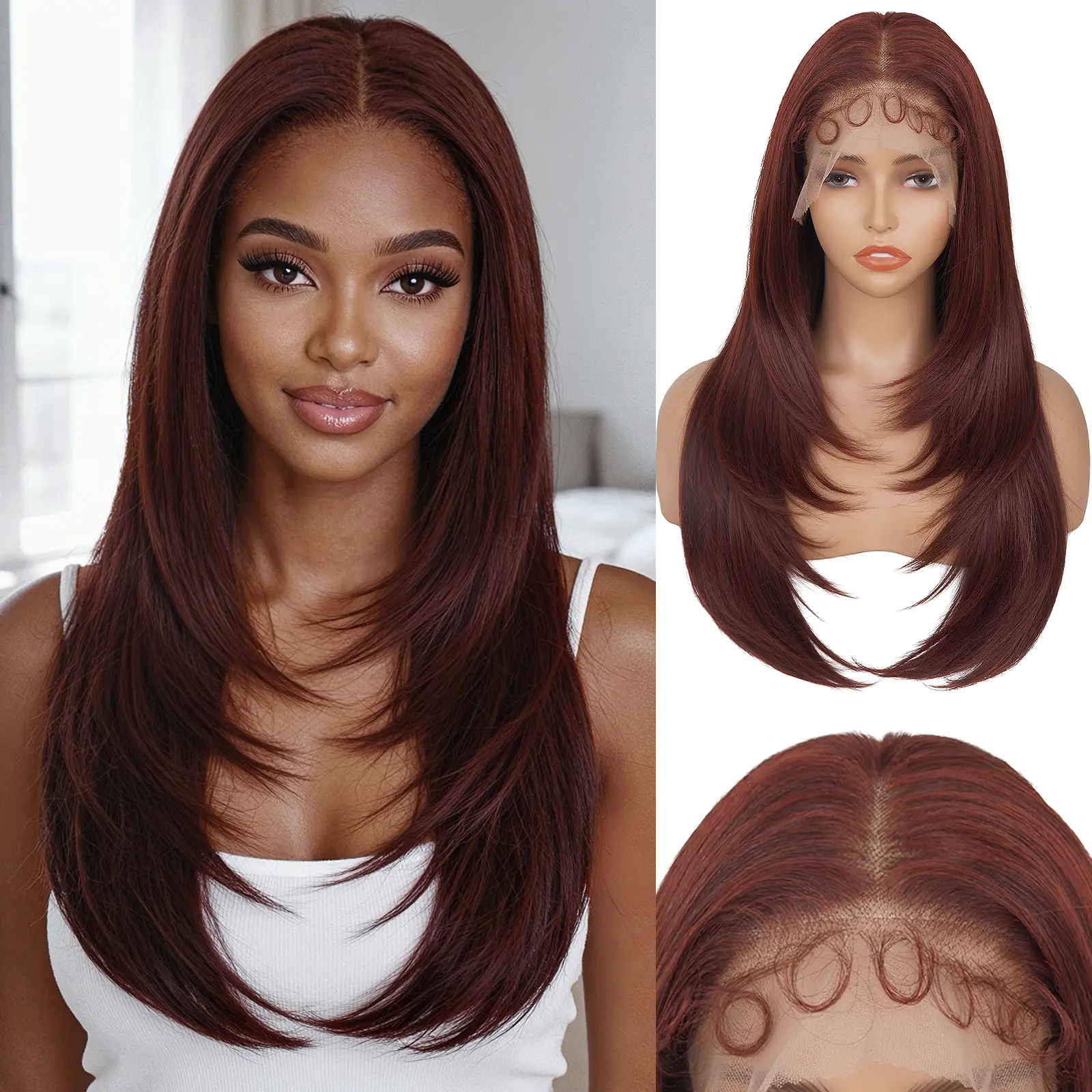 Ourwigs 13x6 Layered Straight Wig HD Lace Front - Pre Plucked Yaki Straight Synthetic Wig with Baby Hair