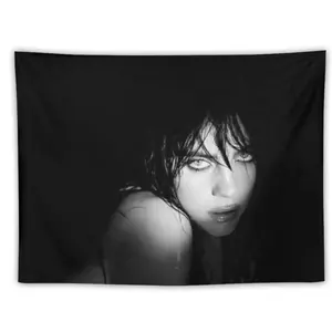 1pc 40x60in Billie Flag Music Album Poster Tapestry Print - Black & White Portrait Wall Hanging with Pink Accents, 100% Polyester Light Beige Peach Fabric, Lightweight Hand Washable Indoor/Outdoor Wall Decor for Living Room, Unique Gift for Music Fans