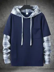 Men's Casual Long Sleeve Patchwork Plaid Sweatshirt Hoodie, Spring & Fall Fashion, Two-Piece Design, European Style, Outerwear
