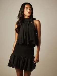 MISSGUIDED Halterneck Chiffon Babydoll Top With Smocked Lace Trim Mini Skirt