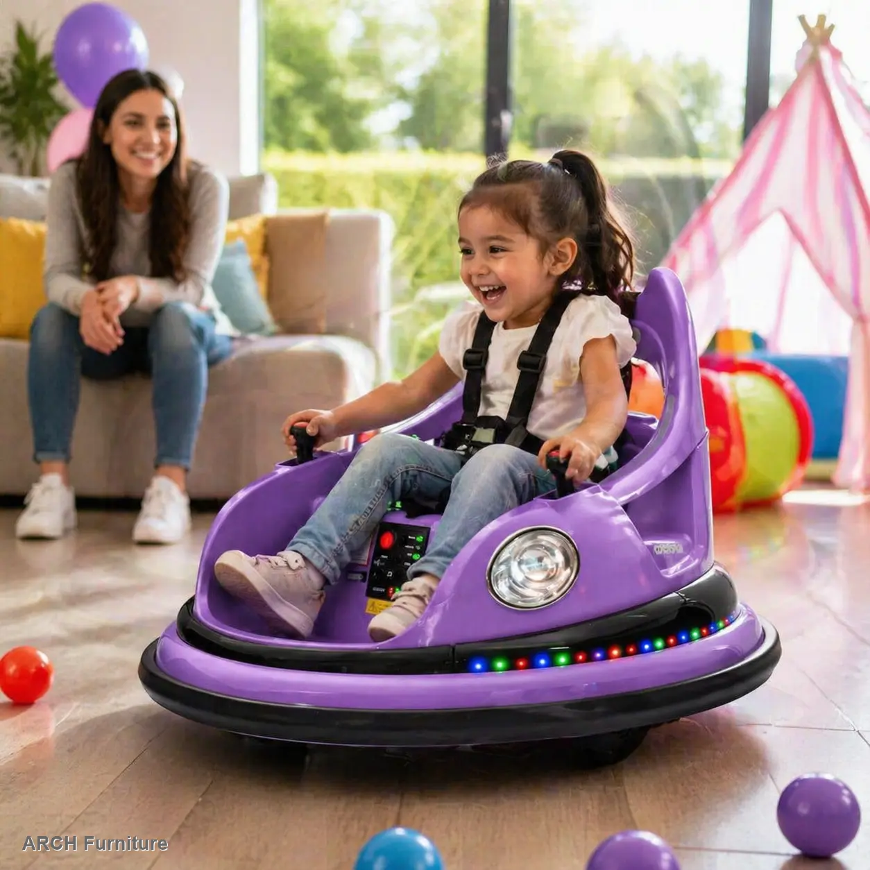 12V ARCH 2WD Electric Kids Bumper Kart with 4-Wheel Design, Remote Control, LED Lights, Bluetooth, 360-Degree Spin, Anti-Collision Padding, 5-Point Safety Belt for 1.5-5 Yrs Outdoor Play Toy, Four Wheel Design