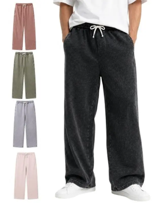 Men’s Vintage Acid Wash Sweatpants, Baggy Straight-Leg Lounge Pants with Adjustable Drawstring Waist, Side Pockets and Drawcord Cuffs for Streetwear & Daily Wear