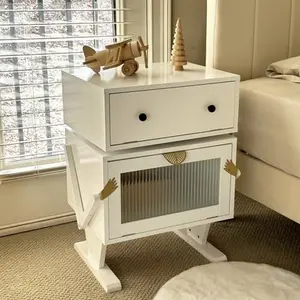 RoyalCraft Robot Nightstand with LED Light Strips, End Table with 360 Degree Rotating Drawer, Modern Design Bedside Table with Glass Door Storage, Wood Cabinet for Bedroom, Home Office Furniture Organize