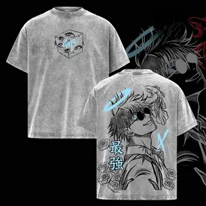 Men's Jujutsu Kaisen Gojo Satoru Vintage Washed Distressed Oversized Round Neck Short Sleeve Streetwear T-Shirt, Soft Cotton Casual Clothes, Unisex Valentine Gift for JJK Fans, Vintage T-Shirts