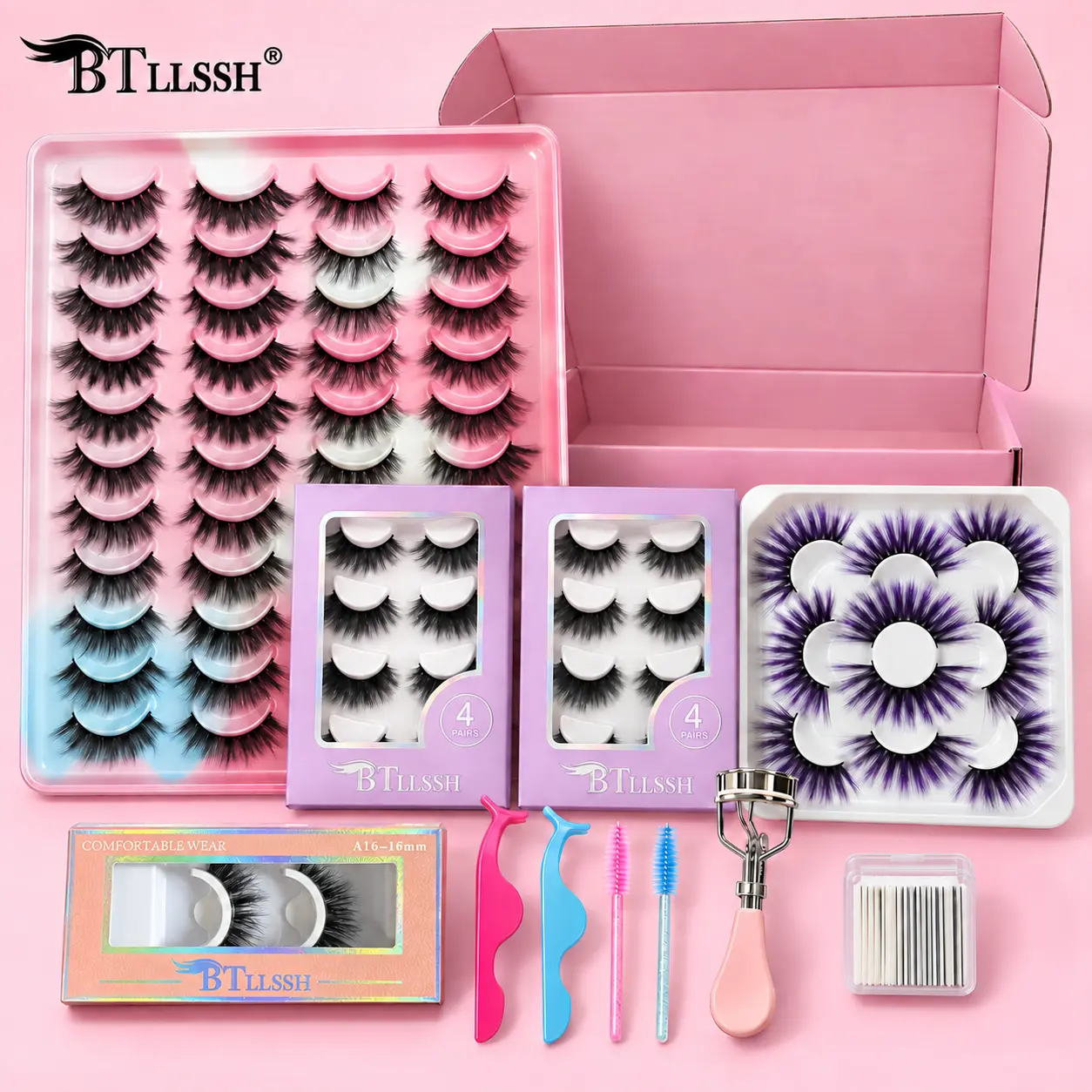 34A1 BTLLSSH 34 Pairs 15mm/16mm/18mm/19mm/24mm Fluffy False Eyelashes Set, Wispy Soft Fiber Strip Lashes with Adhesive Strips, Eyelash Curler, 2 Tweezers & 2 Brushes, Reusable Eye Lashes for Daily, Party, Wedding Makeup