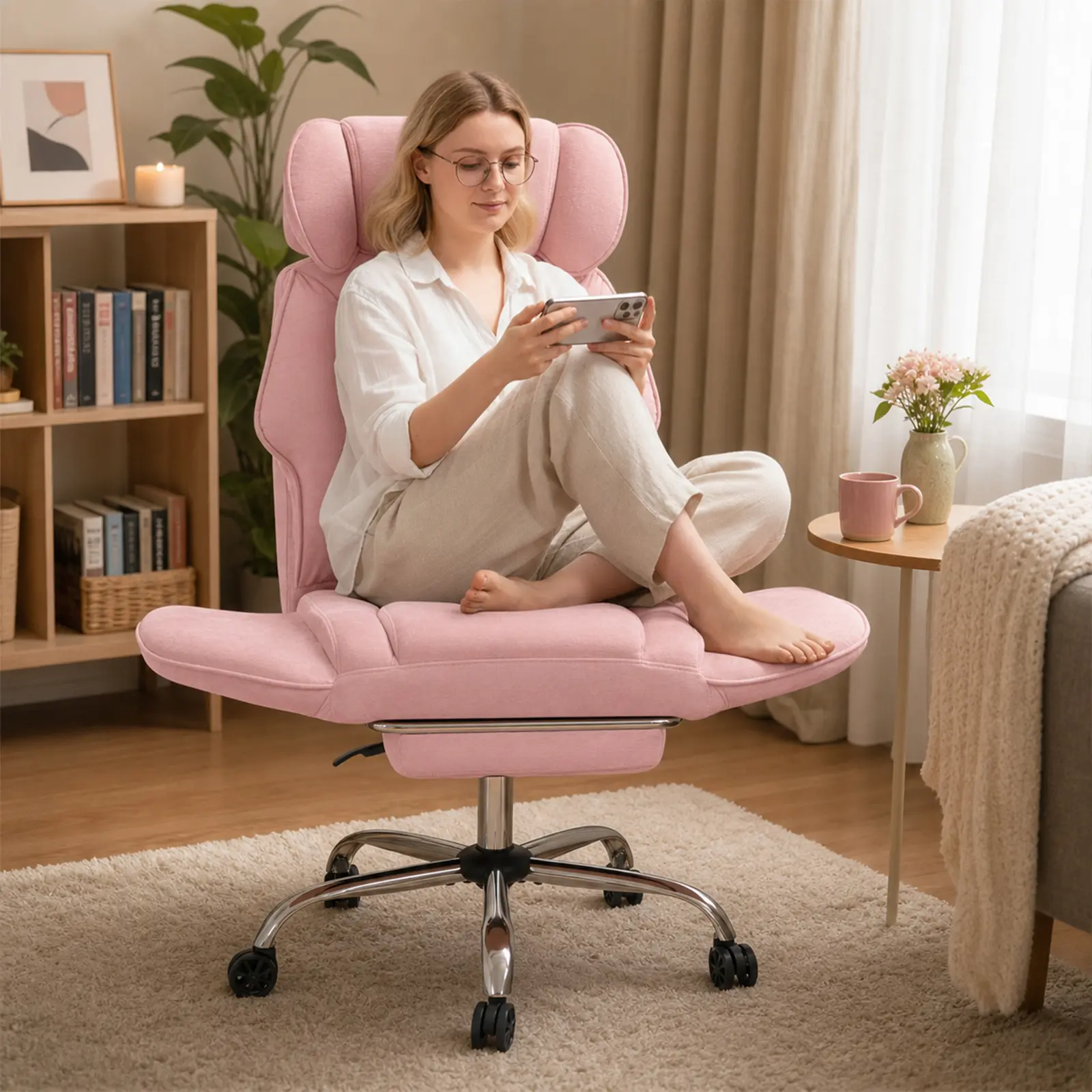 HOFFREE Criss Cross Chair with Wheels Ergonomic Office Chair with Reversible Armrest Wide Seat Comfy Desk Chair with Foot Rest for Gaming,Reading,Working(Beige)