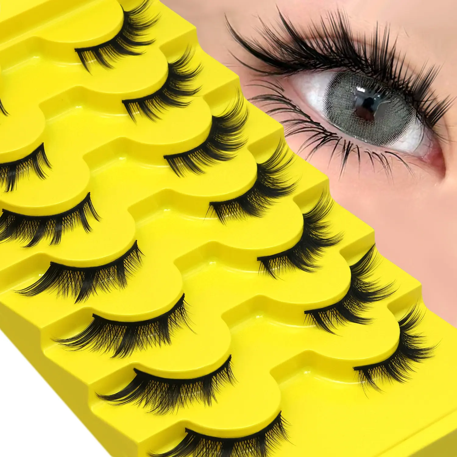 GROINNEYA 7 Pairs D Crul Effect Eyelashes, Dramatic Volume Eyelash, Layered Fluffy Eyelashes, Cat Eye Lashes, Natural Cross Faux Mink, Synthetic Eyelashes, Winged End Soft False Eyelashes Thick Volume