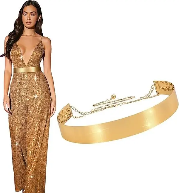 XZQTIVE Metal Waist Belt Women Shiny Polished Mirror Chain Belts Metallic Waistband Adjustable Body Link Dress Belts
