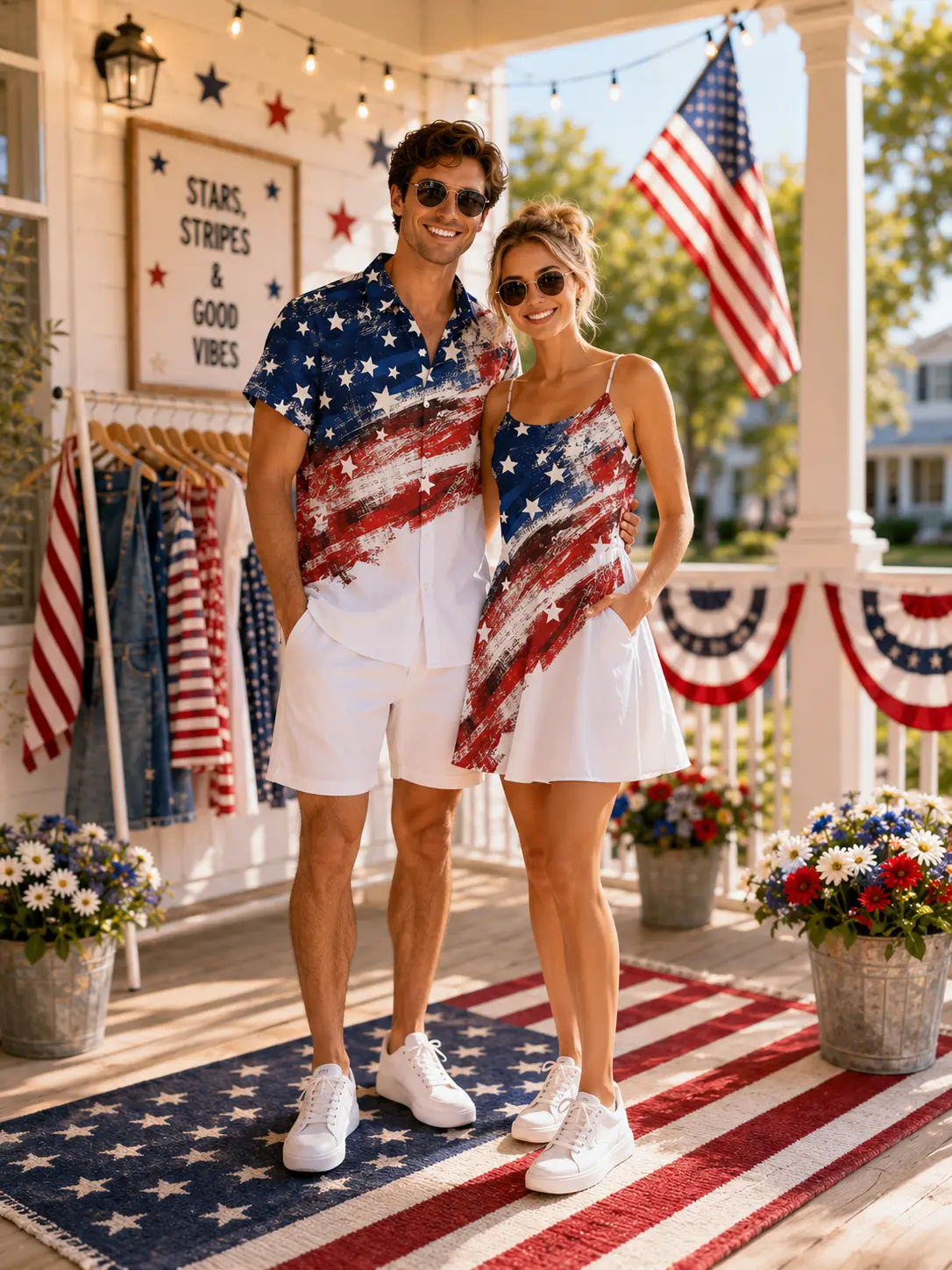 DRESSLILY Couple's Casual Matching 4th of July Outfits, Star & Stripe Polyester Sleeveless A-Line Dress with Men's Shirt and Shorts, Clothes, Top, Fabric, High Waist, Day, His And Hers, Couple Outfits, V Neck, Stripes