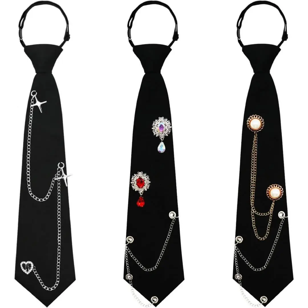 3PCS Black Ties for Women, Womens Tie with Metal Chain 2.76'' Pre-Tied Necktie for Girls School Uniform Shirt Accessory