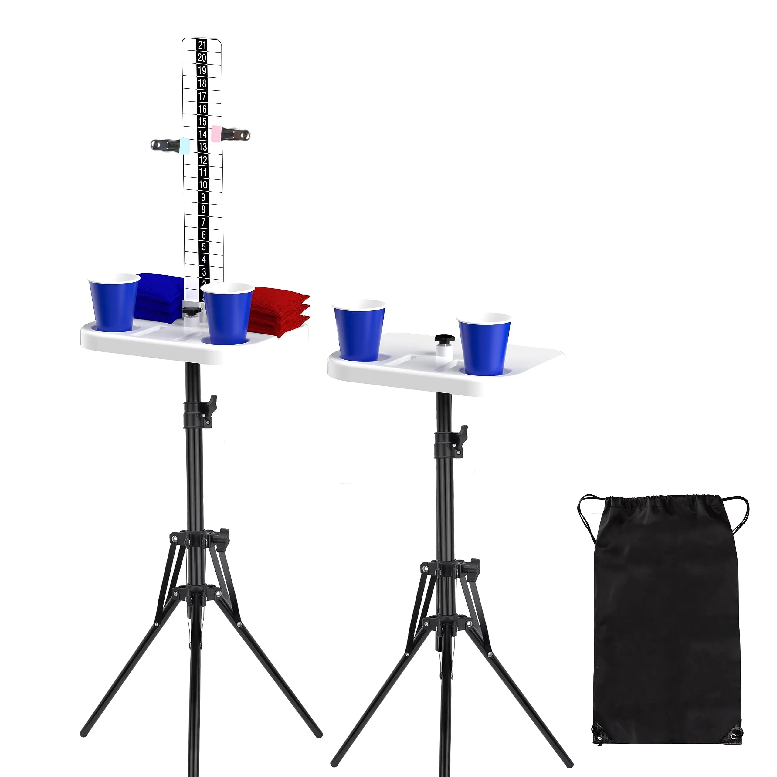 Cornhole Scoreboard Set with Adjustable Height Tripod, Unisex All-Weather Scorekeeper with Drink & Phone Holders, 43.3" Tall View, Sturdy Support for Busy Outdoor Games, Easier Carrying for Family Yard Play