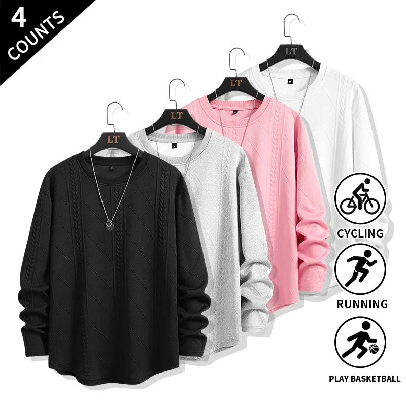 4-Pack Textured Cable Long-Sleeve Tops for Men — Regular Crew Neck Base Shirts for Gym, Walking, Everyday, and Outdoor Wear