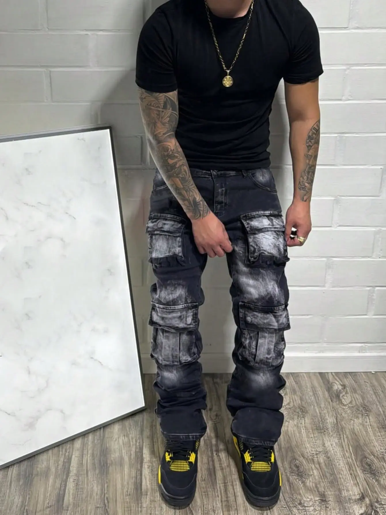 Y2K Black Faded Stacked Cargo Pants Men, Distressed Multi Pocket Flare Denim Jeans, Hip Hop Vintage Street Style Trousers