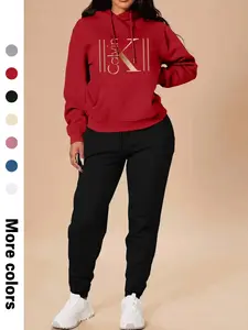 Spring Fall Thin Women's Casual Hooded Sweatshirt Set, Long Sleeve Letter Print Top + Pants, Fitted Sportswear with Pockets, Sweatsuit Set Outfit