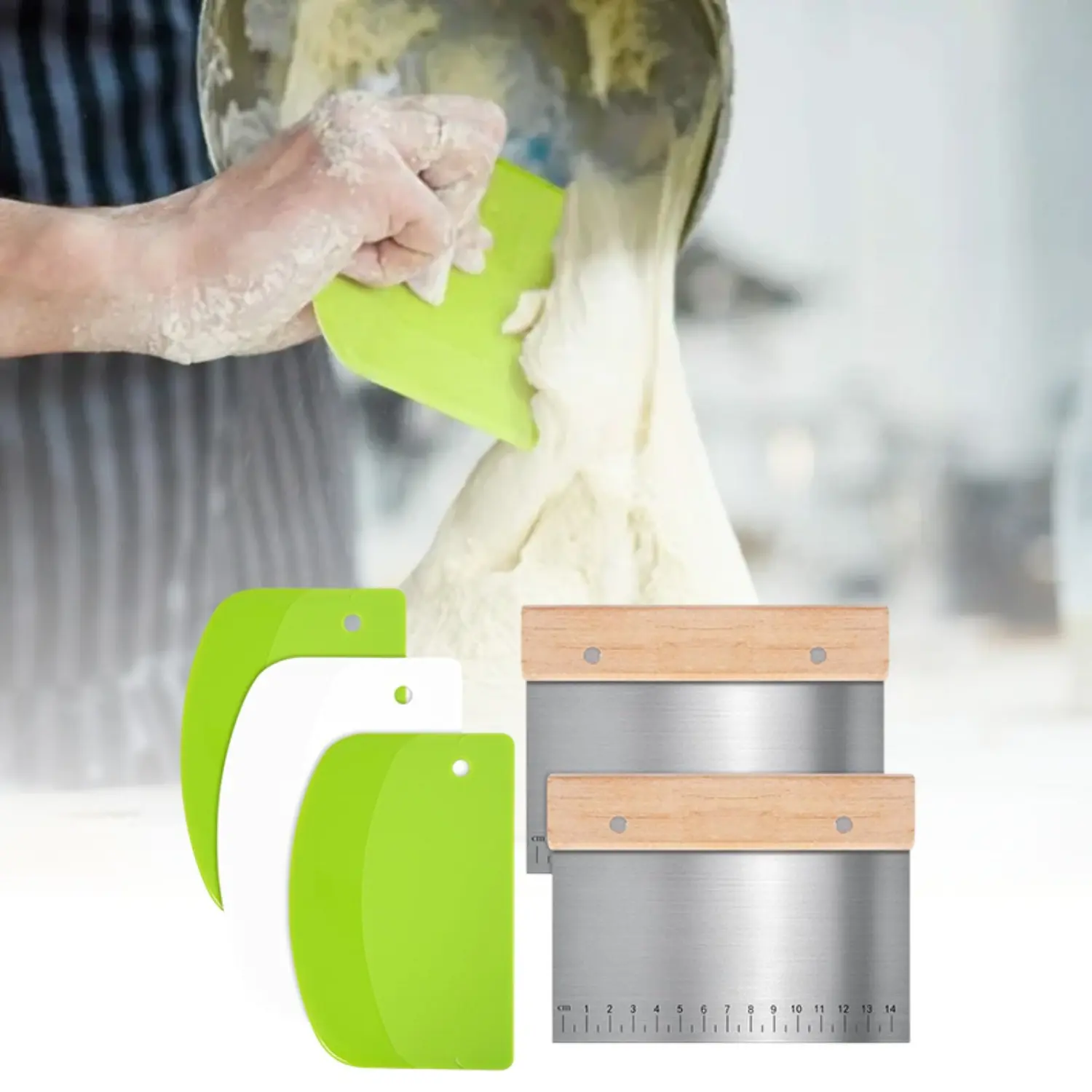 5 Pcs Bench Scraper, Bench scraper kitchen 2 Pcs Stainless Steel Dough Scraper with Wood Handle and 3 Pcs PP Food Scraper with Hanging Hole, Multipurpose Bread Dough Cutter for Baking