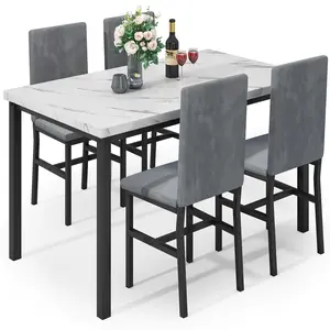 Contemporary Style 5 Pieces Dining Room Table Set with Faux Marble MDF Table Top and Velvet Upholstered Dining Chairs for 4-Person Dining, Space-Saving Design for Kitchen, Dining Room, Restaurant, Bar, Cafe, Cheap and affordable price