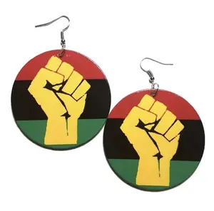 Power Fist Yellow Red Black Green Statement Dangle Wood Earrings CLEARANCE