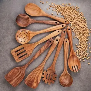 9pcs Premium Teak Cooking Utensils Set, Wooden Cooking Tools, Kitchen Utensils Gadgets, Kitchen Cooking Accessories, Non-Stick Friendly, Heat Resistant, Ergonomic Handles, Comfortable Grip, Outdoor Kitchenware