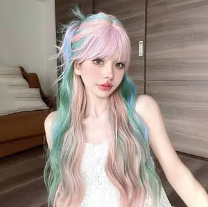 Woolook 26 Inches Princess Celestia Inspired Rainbow Pink Blue Green Highlights Long Water Wave Synthetic Wig with Bangs 150% Density Rose Net Cap for Women Cosplay Costume Parties Daily Wear Birthdays Wigs Accessories Party Accessory Fantasy Hairstyle