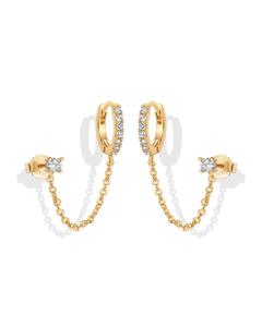 PAVOI 14K Gold Plated Chain Earrings for Women - Double Piercing Dangle Chain Huggie Hoop Earrings - Cubic Zirconia Single Stud Ear Cuff Earrings for Women