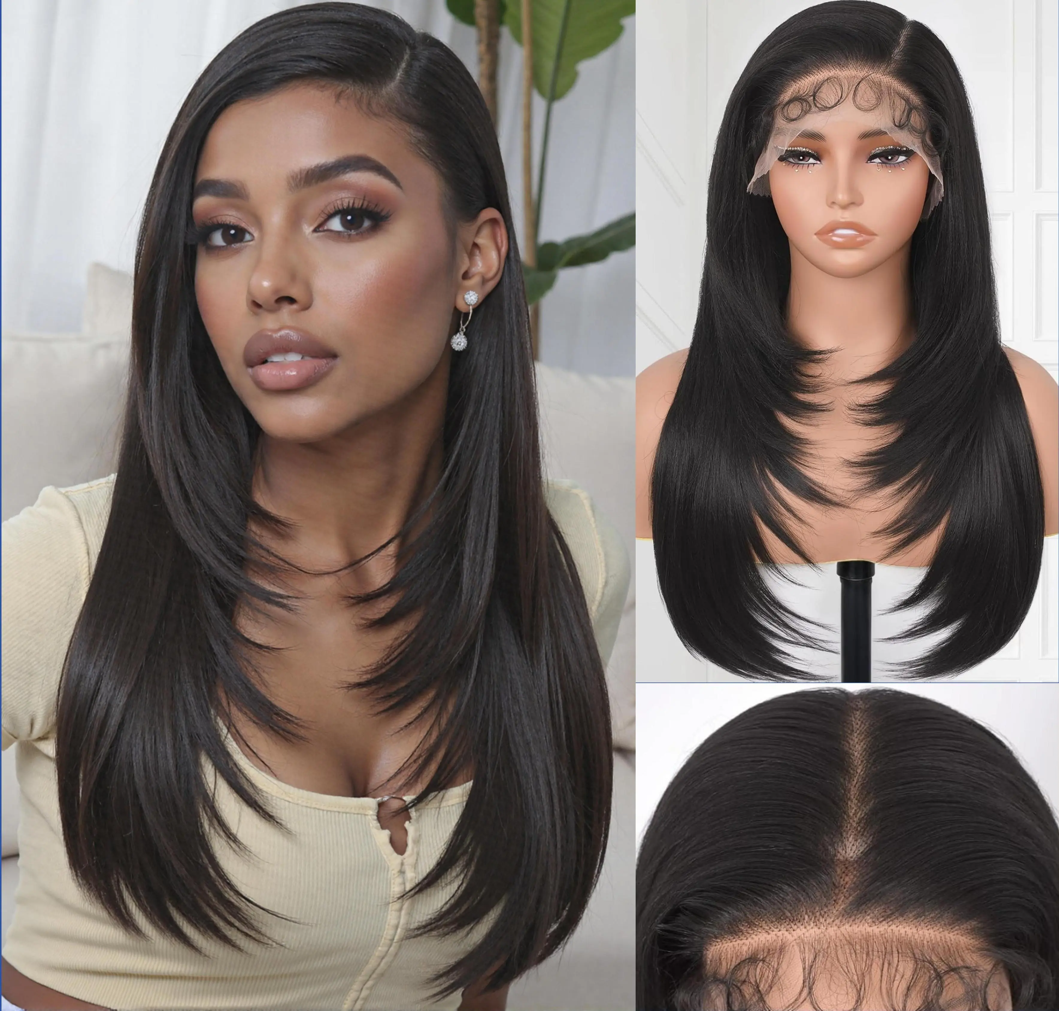 【Summervibes】Ourwigs 13x6 Layered Straight Wig HD Lace Front - Pre Plucked Yaki Straight Synthetic Wig with Baby Hair, Natural Black 24 Inch