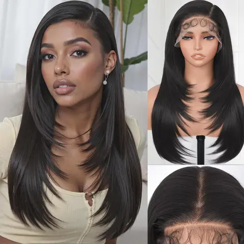 Ourwigs Women's 13x6 Frontal Synthetic Straight Wig - 24in Pre-Plucked Yaki Layered Cut, HD Lace, Baby Hair, 3D Dome Cap, Natural Black Natural Look Hair Replacement Wig for Adult Women, Hair Replacement Wigs