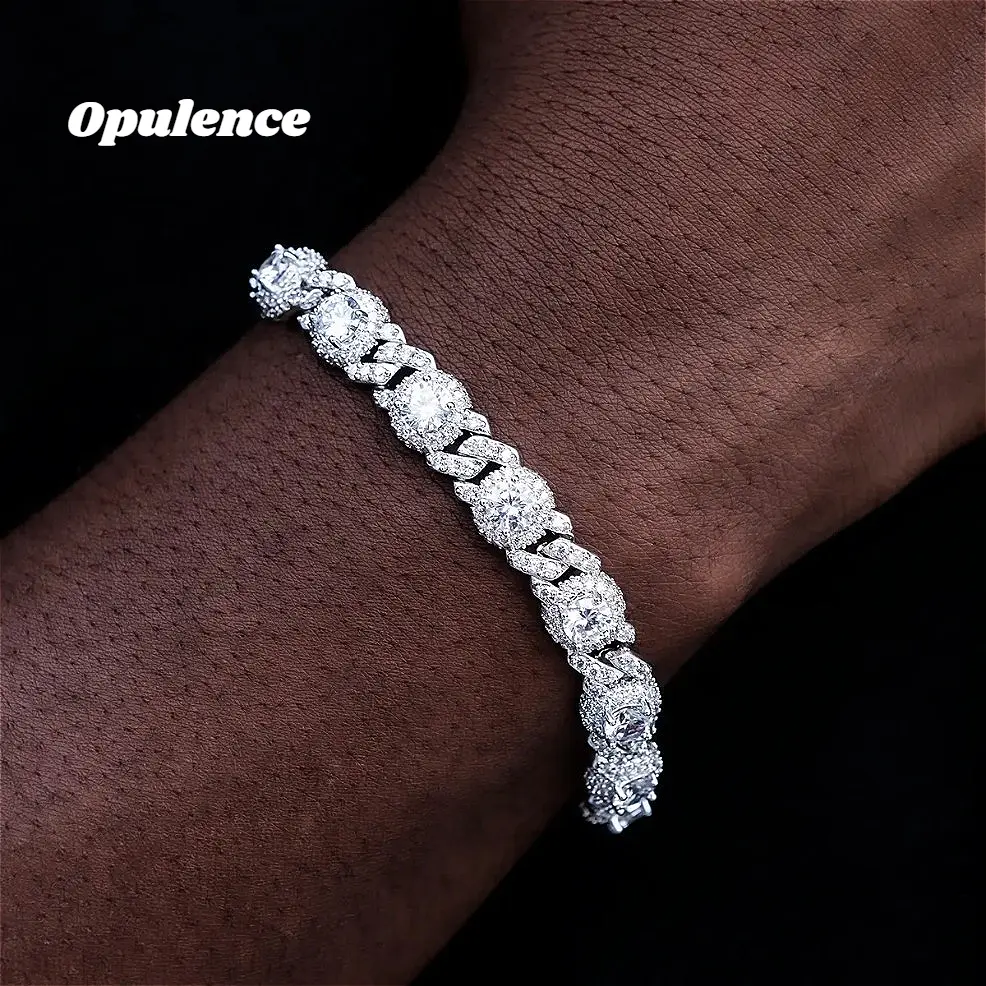 Moissanite Iced Diamond Station Cuban Bracelet 7.5mm| White Gold Plated with Hand-Set CZ Stones Luxe Ice Bold Shine Statement Piece Lifetim  birthday gift