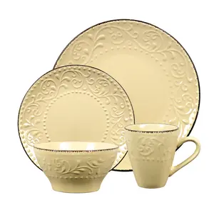 Lorren Home Trends LH529 16 Piece Stoneware Scroll Dinnerware Set, Yellow