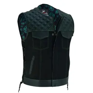 Men’s Black Denim Motorcycle Vest – Green Stitch Leather Trim SOA Style Vest with Side Laces, Zipper Snap Closure & Concealed Carry Pockets