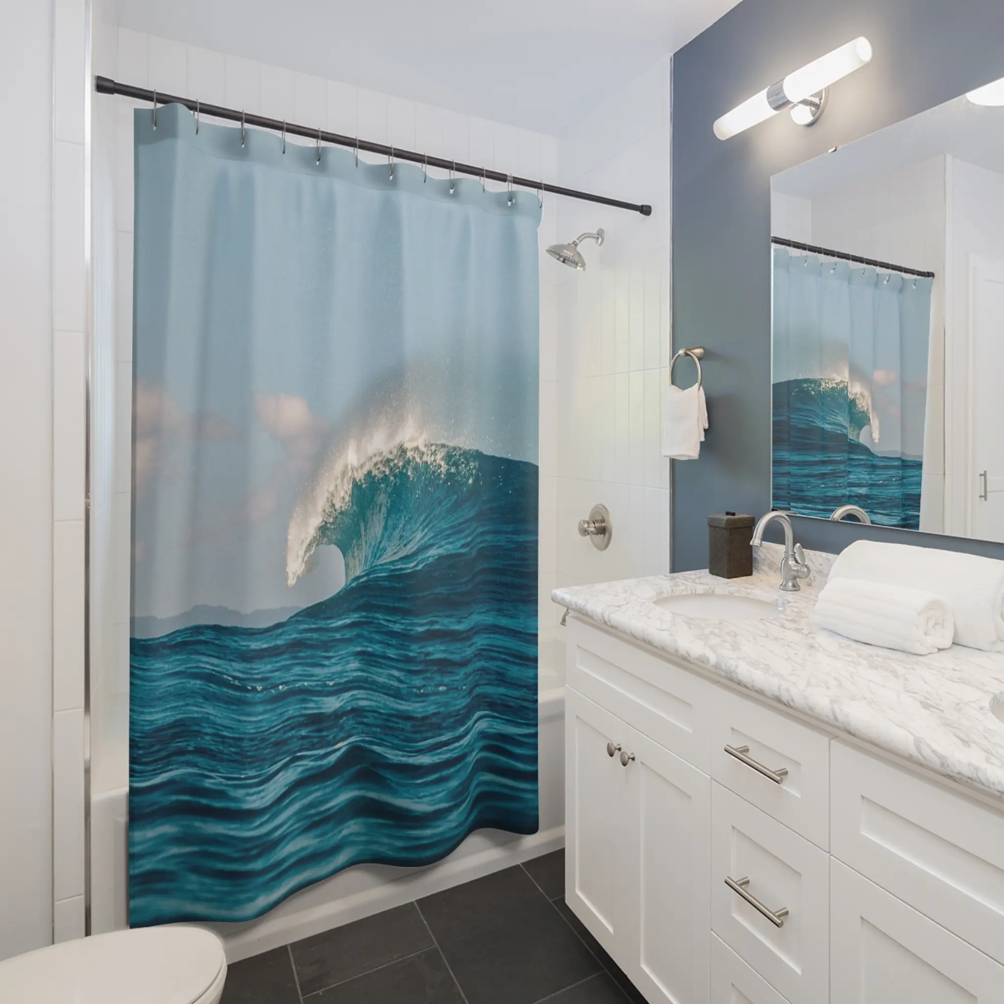 Surfer Wave Shower Curtain for Beach House Bathroom Decor. Beach lover gift. Surf Life home decor. Surf Shack home decor. Boys Dorm Room.
