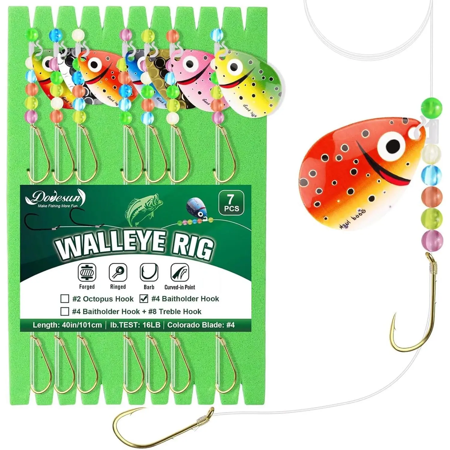 Dovesun Walleye Spinner Rigs Tackle Kit, 7-Piece High-Carbon Steel Crawler Harness Set with 16lb Line, 3D Smile Blades & Glow Beads for Trolling & Drifting, Fishing Enthusiasts, Walleye Fishing