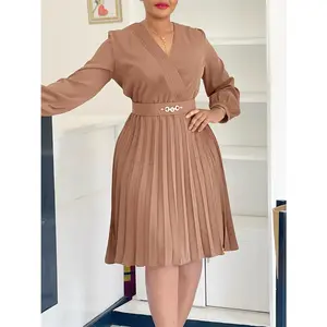 D3316 European American OL Office Professional V-neck Folded High Waist African Banquet Party Evening Dress Chic Women's Workwear Comfort Basic Long Sleeve