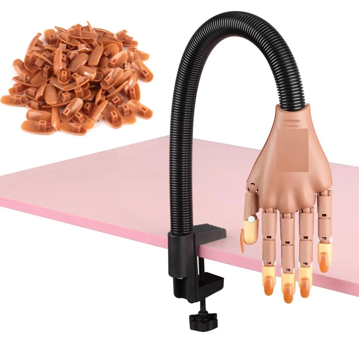 Practice Hand for Acrylic Nails-Flexible Moveable Fake Hand for Nail Practice, False Nail Mannequin Hands Training with 100PCS Replacement Tips