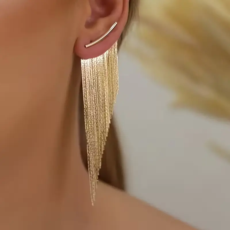 Women's KC Golden-Plated Bohemia Earrings - Shining Earrings with Bling Effect, Sparkling Look, Irregular Tassel Drop Dangle, Cascading Leaf-Like Design for Party, Wedding, Gift-Giving, Blinged Out Earrings