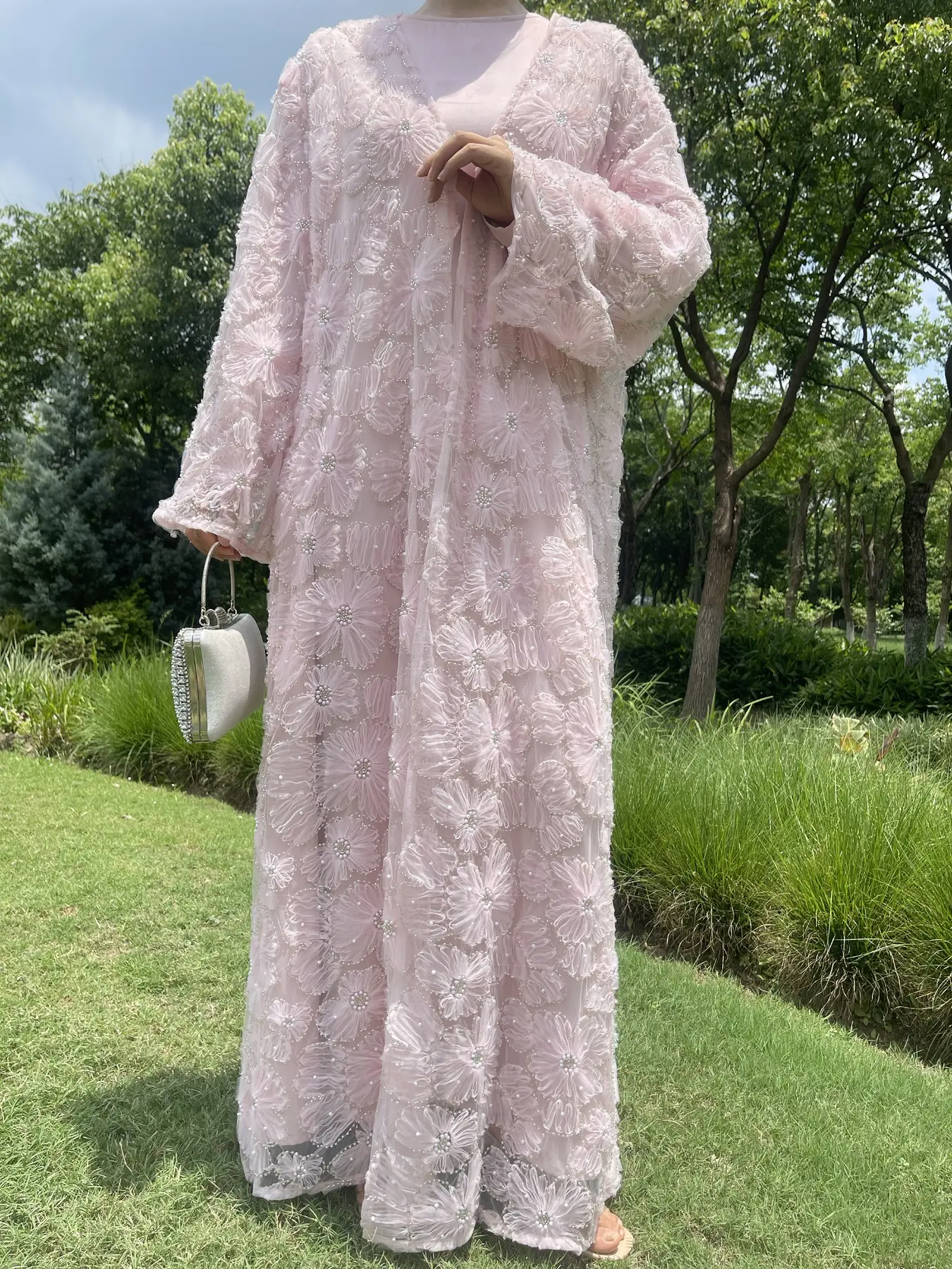 Women's 2-Piece Embellished Open Abaya Floral Beaded Coat Set, Satin Lined Dress (Open Abaya + Inner Dress), Stylish Spring & Fall, Flower Beaded Abaya
