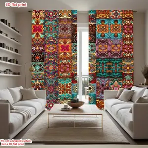 2D Flat 2Pcs bohemian mandala patchwork pattern window curtains for living room, rod pocket semi blackout treatment panels, decorative, sheer, home decor..