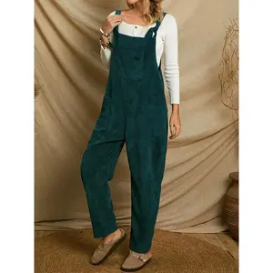 Solid Corduroy Overall Jumpsuit, Casual Patched Pockets Overall Jumpsuit For Spring & Fall, Women's Clothing