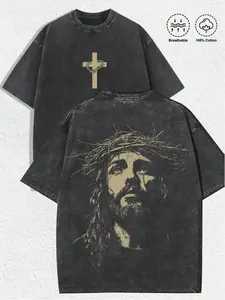 Religious "Jesus With Crown Of Thorns" Graphic Tee: Featuring Distressed Vintage Finish,Front Cross Print Adorned With Crown Of Thorns,Crafted From Breathable 100% Cotton,Perfect For Infusing Spiritual & Nostalgic Vibes IntoOutfitsDuringEasterCelebrations