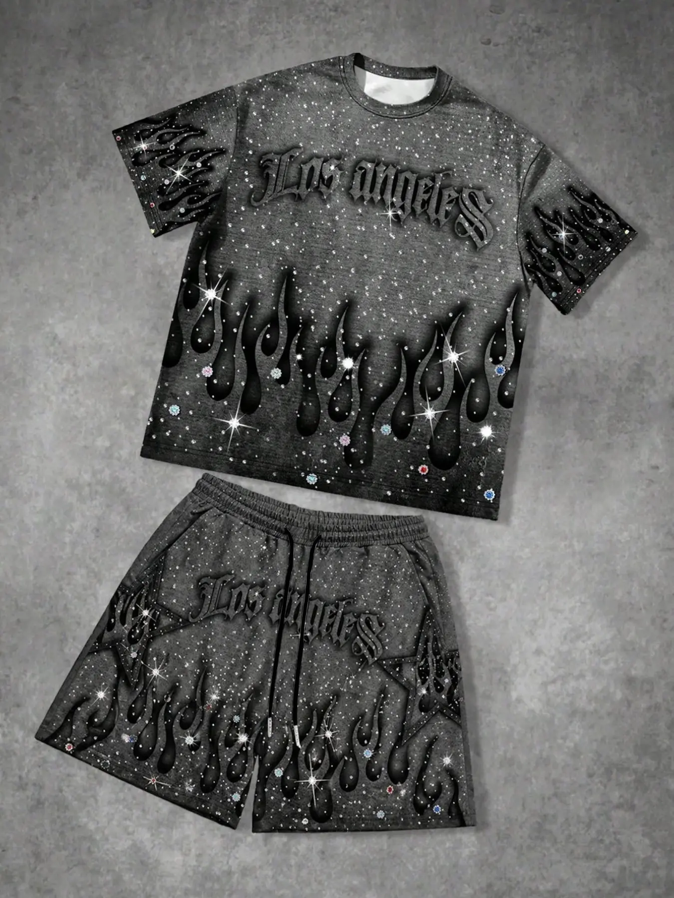 Summer Men's Streetwear Flame Print Short Sleeve T-Shirt and Shorts Matching Set, Los Angeles Letter Glitter Design, Casual Sporty Style