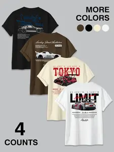 4-Pack JDM Car & Tokyo Street Aesthetic Graphic Round Neck T-Shirts, Racing Streetwear Casual Tee Set