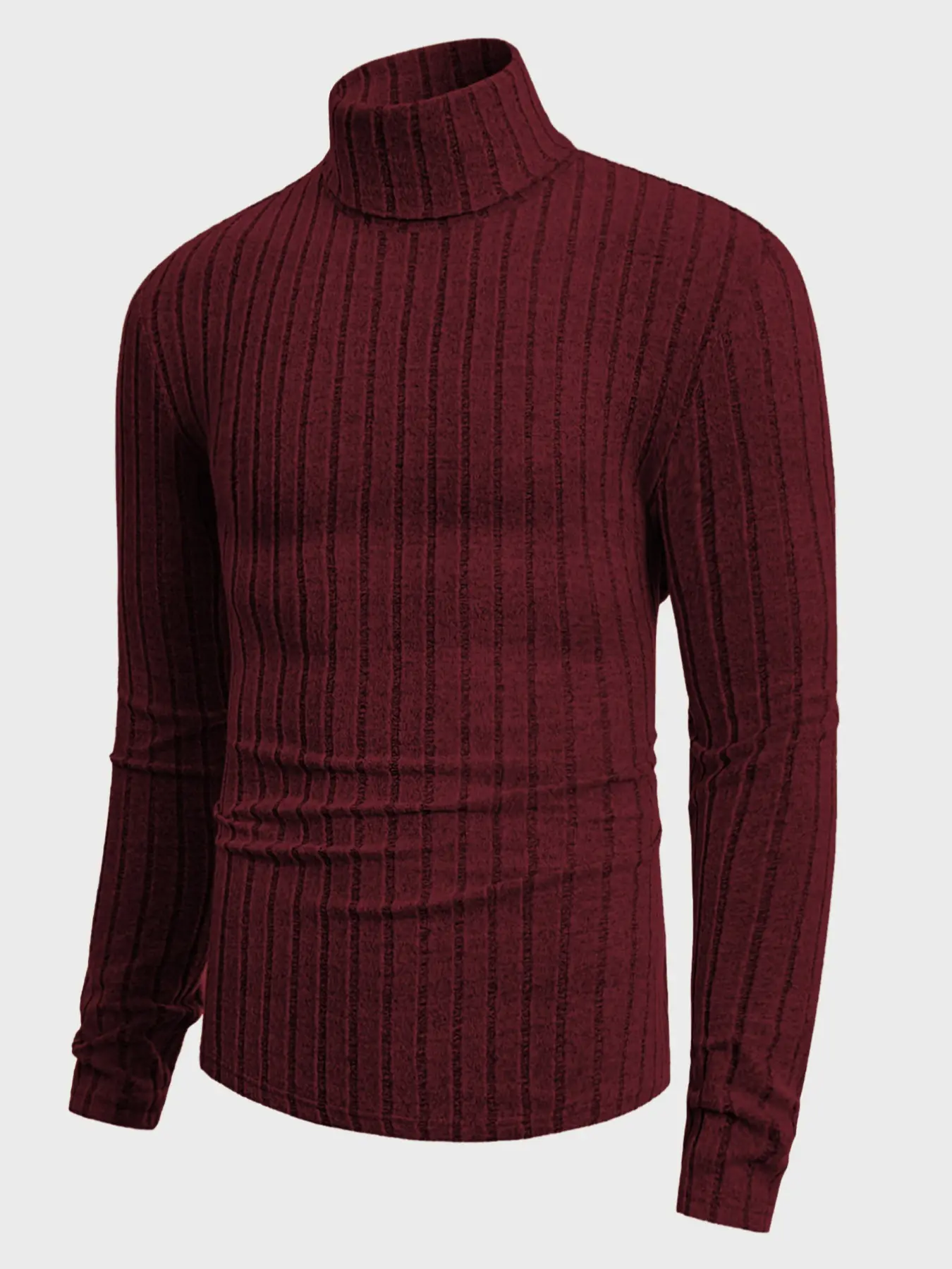 Men's High Neck Pullover Sweater, Solid Color Plain Striped Long Sleeve Crew Neck T-Shirt, Casual Jumper Fitted Knitwear for Fall & Winter Tops
