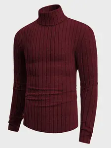 Men's High Neck Pullover Sweater, Solid Color Plain Striped Long Sleeve Crew Neck T-Shirt, Casual Fitted Knitwear for Fall & Winter Tops
