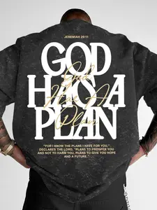 Men's "God Has A Plan" Christian Graphic Oversized T-Shirt, Double-Sided Print Washed Vintage Tee, Faith-Based Streetwear Top #ChristianTee #GodHasAPlan #FaithFashion #VintageWashTshirt #TikTokMadeMeBuyIt
