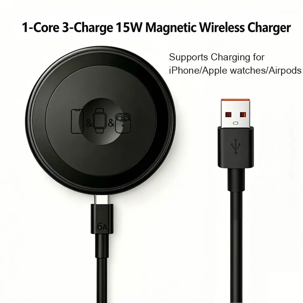 3-In-1 Wireless Charger for Apple Watch, AirPods, Magsafe, Cellphone, Lightweight Design, Portable and Convenient, 15w Power Consumption
