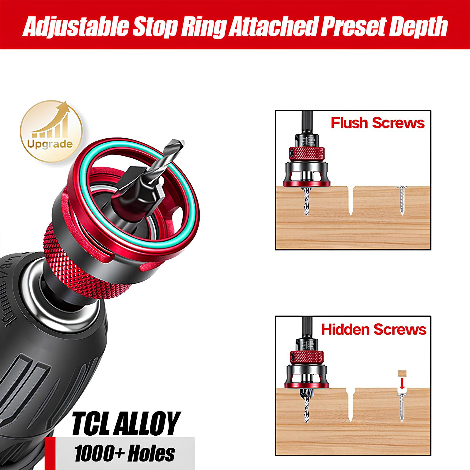 9PCS Countersink Drill Bit Set Adjustable Depth Stop Collar 82 Degree Tapered Hex Shank Wood Drill Bits Clean Countersink Holes No Splitting DIY Woodworking MDF Plywood Screwdriver Bits Home Improvement Tool Set