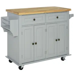 HOMCOM Kitchen Island on Wheels, Rolling Cart with Rubberwood Top, Spice Rack, Towel Rack and Drawers for Dining Room