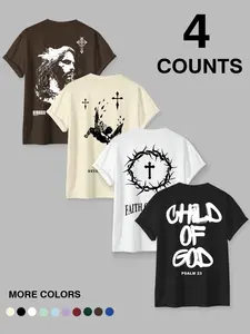 Men's Christian Faith-Themed 4-Pack Short T-Shirts for Modern Guys, Stylish Graphic Print Apparel with Cross, Thorn Crown & Scripture Details, Perfect Option for Daily Leisure, Faith Gatherings & Casual Male Outfits