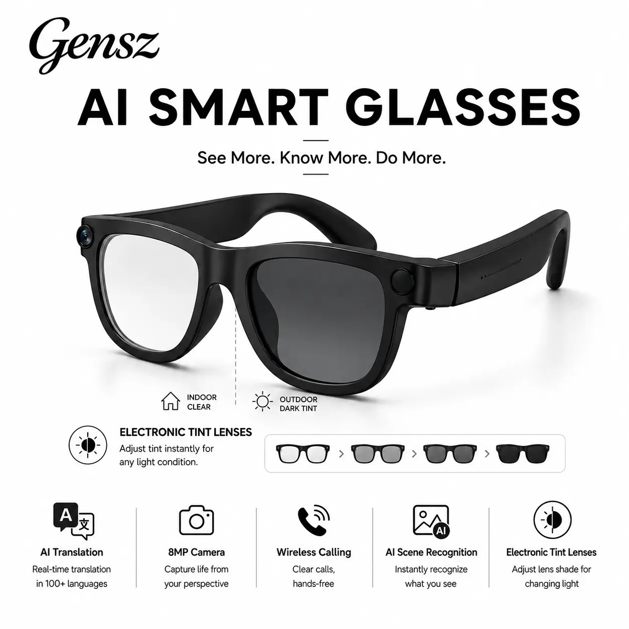 Gensz AI Camera Smart Glasses with Built-in Camera - HD Video Recording Glasses, Bluetooth Audio, Voice Assistant, Hands-Free Photo Capture, Chat GPT, Wide-Angle Lens, Rectangle Frame, Wireless Phone Wearable, Ideal for Cycling & Vlogging,Unisex,pov,video
