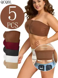 5-piece Plus Size Front Closure Bra Set, Elegant Nylon Knit Fabric Plus Size Women's Bandeau, Wireless Design Front Closure Plus Size Women's Strapless, Medium Stretch, Solid Color, NoPadding