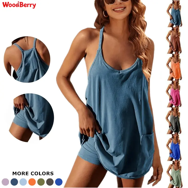 Woodberry Women's Sleeveless V-Neck Spaghetti Strap Mini Workout Dress with Built-in Shorts, Pockets, Golf Tennis Dress, Ready-to-Wear for Spring, Summer Casual & Athletic Wear, Activewear, Resort Wear
